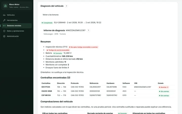 Informe de diagnosis de un Volkswagen Golf con tres averías, el testigo de motor encendido y sus centralitas